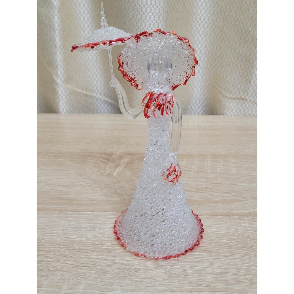 Unique Vintage Glass Lady with Hat & Parasol Figurine Clear Red Trim Sculpture